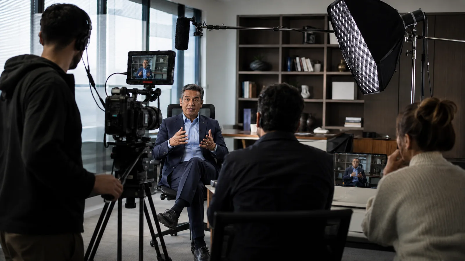 Equipe de filmagem gravando entrevista com executivo, com câmera, microfone boom e monitor de referência