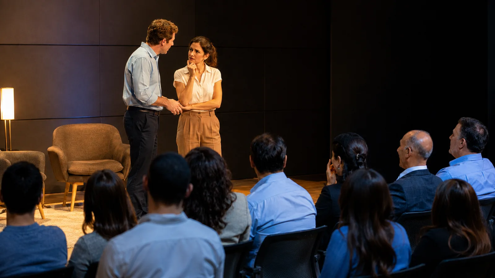 Cena de teatro empresarial diante de plateia corporativa, com dois atores encenando uma situação de trabalho