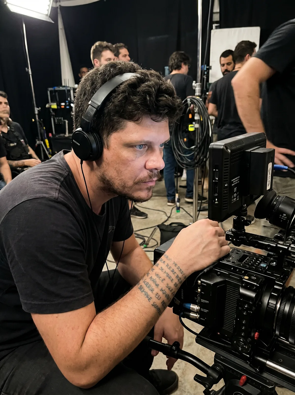 Marcello Sampaio dirigindo em set de filmagem, com fone de ouvido e monitor de câmera