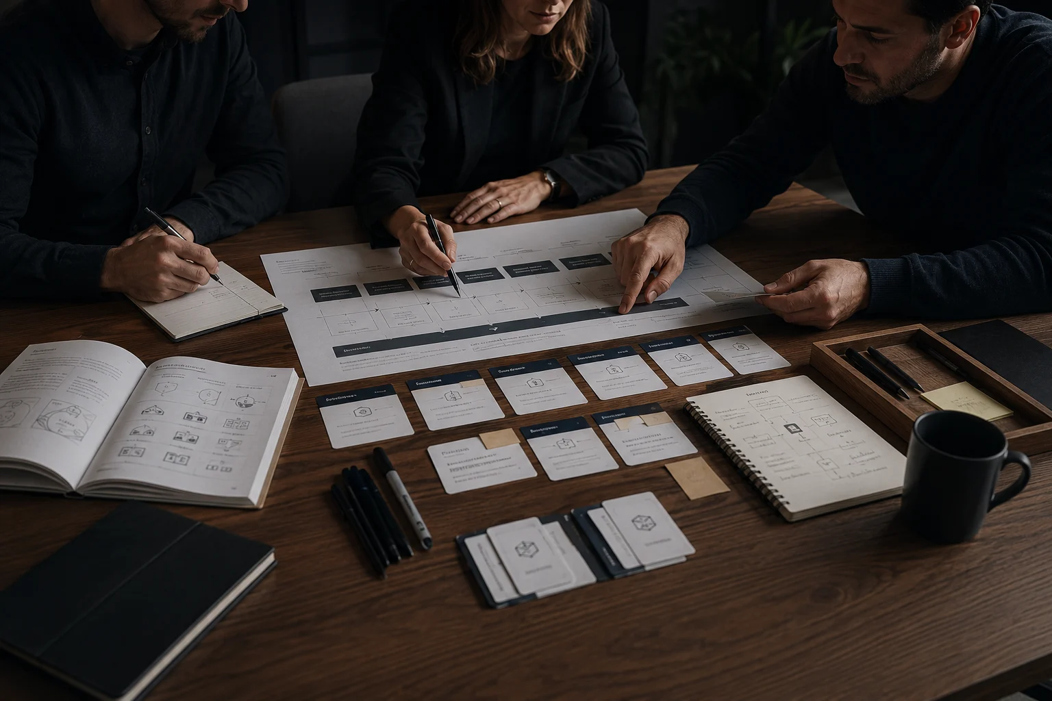 Profissionais utilizando guias, cartas e frameworks impressos em uma atividade corporativa